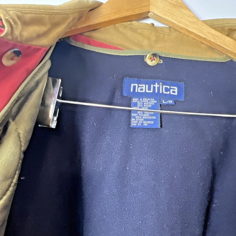 Vtg 90s Nautica Car Coat Mens Large Beige Cotton Blend Button-In Liner Fall 1991